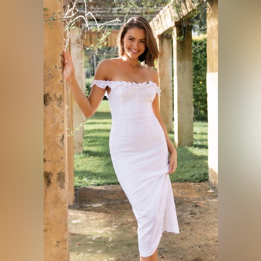 PETAL + PUP Florez Dress White Midi‎ Ruffle Off Shoulder Wedding Bridal Size 6